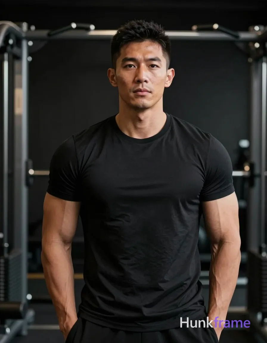 Asian man with medium-light skin, short textured dark black crop cut close on sides and longer top, clean-shaven face; Standing upright facing forward hands behind back slight lean torso left wearing black short-sleeve crew-neck t-shirt fully clothed adult broad shoulders defined pectorals toned biceps indoor gym environment black walls weight machines racks overhead linear lighting soft shadows shallow depth of field chest-up portrait centered head and shoulders fill vertical frame muscle bear aesthetic rugged warm confidence meaty build premium fine-art photography, same aesthetic theme and photo feel as the reference but a different man in a different pose with distinct body proportions, Moroccan man, deep tan, dark curls, defined abs natural not exaggerated; single clean uninterrupted photograph with a cohesive editorial composition and plain continuous surrounding surfaces