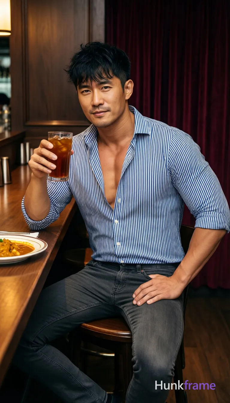 Asian man with medium-light skin, short dark black hair textured top and sides with slightly tousled front bangs, clean-shaven; Seated on high bar stool holding tall glass of iced tea in right hand fingers wrapped around base left hand flat against hip thigh area torso angled slightly toward viewer confident masculine gaze; Wearing blue-and-white vertical-striped button-down shirt sleeves rolled to mid-bicep top two buttons undone revealing upper chest and collarbone dark gray slim-fit jeans artistic partial nude adult exposed areas upper chest above shirt opening broad shoulders defined pectorals toned arms waist-up portrait shot centered seated at wooden counter with plate of curry in foreground left; Indoor restaurant booth with dark wood paneling maroon velvet curtain backdrop warm ambient interior lighting soft directional fill from left side highlighting facial features and shirt texture fine-art photography aesthetic shallow depth of field sharp focus on subject rich color grading typical fashion editorial; FULL GARMENT TEXT REPLACEMENT: remove every source garment word, sentence, slogan, logo, and partial brand spelling; single clean uninterrupted photograph with a cohesive editorial composition and plain continuous surrounding surfaces