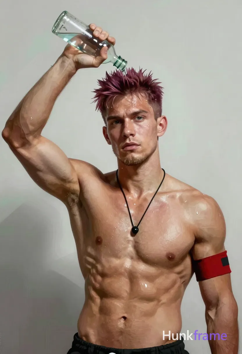 A striking medium-brown skinned man with short spiky reddish-purple hair and sweat droplets stands shirtless, displaying highly muscular chest and shoulders. He holds a transparent bottle above his head while wearing a black cord necklace and red-and-black armband on the left arm against an abstract gray-green-white background with diagonal panels. Clean negative space frames intense focused gaze under soft directional lighting from upper left. The vertical portrait composition uses painterly brushwork to create full-bleed phone wallpaper, emphasizing dynamic motion lines and premium masculine aesthetic., same aesthetic theme and photo feel as the reference but a different man in a different pose with distinct body proportions, Slavic man, pale skin, ash blond stubble, tall athletic frame, a single uninterrupted photograph only, no written words or typography anywhere in frame, no captions, no app UI, no social-media post layout, no screenshot borders