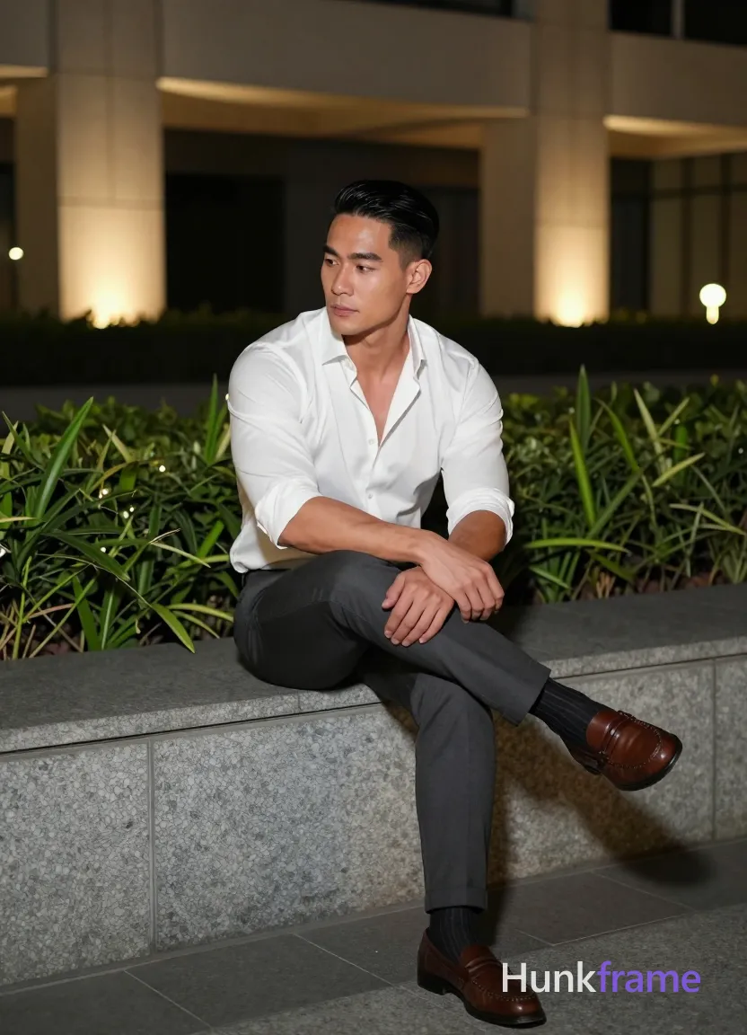 Asian man with short black straight side-parted hair and clean-shaven face, light-medium skin tone seated on a wide stone ledge outdoors at night; He wears a white long-sleeve button-up shirt unbuttoned at the top two buttons revealing minimal chest hair, paired with dark grey slim-fit trousers cuffed at hems over black socks with white stripes and brown leather loafers; His broad shoulders and defined biceps are prominent as he crosses his right leg over left knee in a sculpted pose; Torso angles forward slightly while head turns toward camera but eyes gaze downward to the left with neutral pensive expression; Modern building facade looms behind manicured greenery under soft directional artificial ambient light illuminating front from left and warm accent lights on wall; Full-body shot center-right composition, fine-art photography fashion editorial aesthetic dramatic nighttime lighting sophisticated calm contemplative mood vertical portrait 13:19 aspect ratio, same aesthetic theme and photo feel as the reference but a different man in a different pose with distinct body proportions, Thai; single clean uninterrupted photograph with a cohesive editorial composition and plain continuous surrounding surfaces