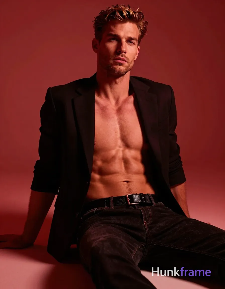 Confident adult man in tasteful suggestive framing, seated with right leg bent and left extended under body, torso slightly angled forward; Shirtless bare chest and abdomen exposed beneath open black blazer sleeves rolled to forearm length; dark trousers likely jeans with textured belt featuring metallic rectangular buckle; Studio setting with solid red backdrop, dramatic sculpting light from left casting deep shadows on right body parts under strong red ambient light wash; High contrast silhouette-heavy photo composition emphasizing torso musculature including broad shoulders defined pectoral muscles and visible abdominal definition, same aesthetic theme and photo feel as the reference but a different man in a different pose with distinct body proportions, Slavic man, pale skin, ash blond stubble, tall athletic frame; single clean uninterrupted photograph with a cohesive editorial composition and plain continuous surrounding surfaces