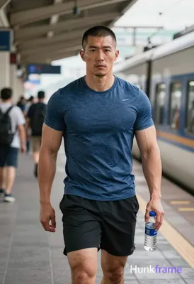 Photograph of exactly 1 adult man. Man 1: Asian, light-medium, square-jawed with defined cheekbones 