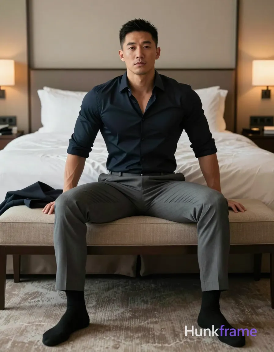 Asian man with medium-dark skin and short black hair seated on a beige upholstered bench in a hotel bedroom. He wears a dark navy button-down shirt fully worn, sleeves rolled to forearms, grey dress trousers, and black socks without shoes. His torso is upright, legs spread apart, hands resting on thighs, displaying broad shoulders and defined chest arms. A dark suit jacket drapes over the left armrest beside him. Soft ambient indoor lighting with warm lamp glow from the right side illuminates his composed neutral gaze at camera. Full-body shot centered in frame including surrounding room context like large bed behind and patterned carpet foreground. Clean composition balanced framing vertical portrait orientation 13:19 aspect ratio fine-art photography homoerotic aesthetic premium fashion-editorial style tasteful suggestive framing sculpting light implied exposure teasing pose confident masculine man., a single uninterrupted photograph only, no written words or typography anywhere in frame, no captions, no app UI, no social-media post layout, no screenshot borders