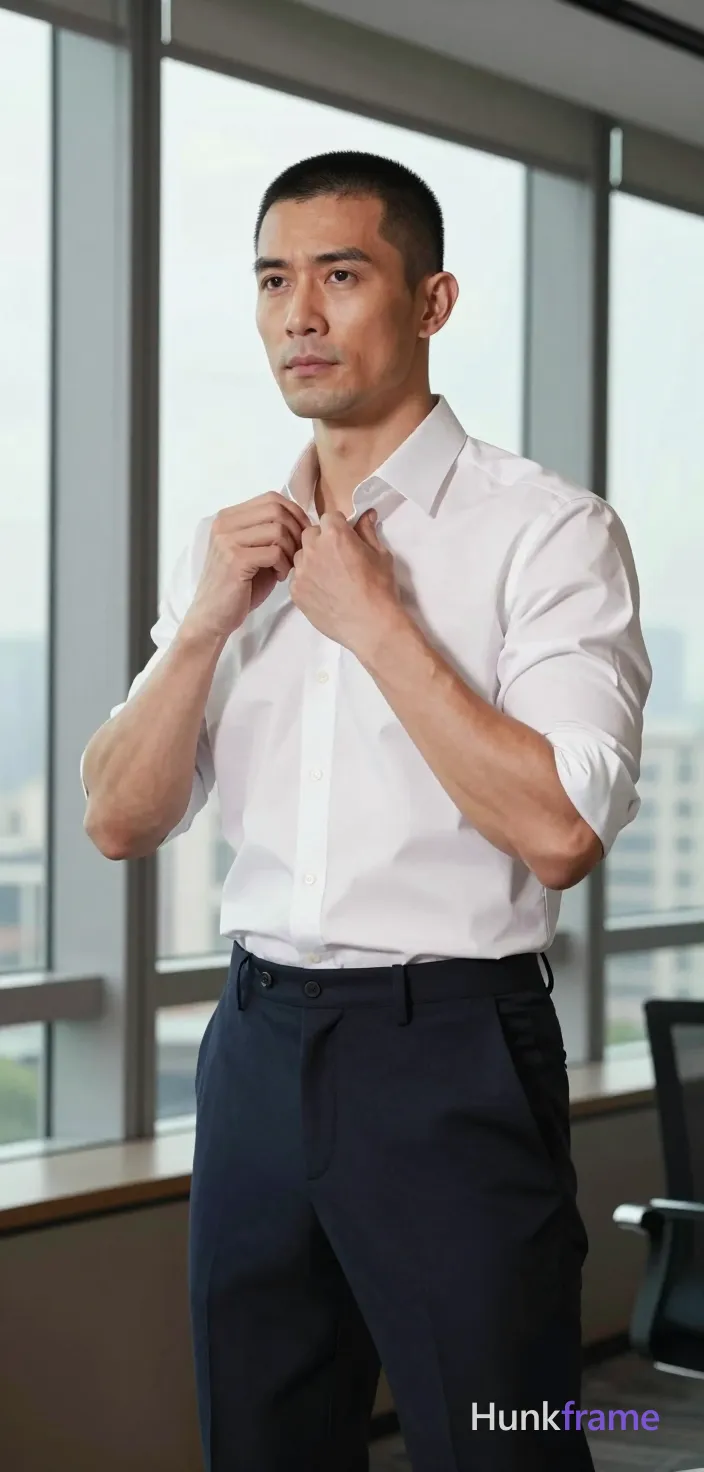 pulling on the same overshirt with sleeves rolled up; three-quarter turn toward camera; concentrated expression; waist-up frame, soft window light; pulling on the same overshirt with sleeves rolled up; three-quarter turn toward camera; concentrated expression; waist-up frame, soft window light. pulling on the same overshirt with sleeves rolled up; three-quarter turn toward camera; concentrated expression; waist-up frame, soft window light. same clearly adult male subject; preserve the exact visible face, hairstyle, skin tone, apparent adult age, body proportions, and distinctive marks from the reference; do not add people. 1 adult male subject in the same session. light to medium, short black buzz cut, clean-shaven, lean build, defined shoulders, white button-down shirt sleeves rolled to elbows, dark navy dress trousers. same setting: office interior with large windows overlooking city skyline. same lighting: high contrast window light from floor-to-ceiling windows, soft interior ambient glow. same palette: white, navy blue, black, red accent. same mood and image character: premium fashion-editorial, clean composition, single uninterrupted photograph, no written words or typography anywhere in frame. same medium and visual style: photo, Premium fashion-editorial framing with clean composition and vertical portrait aspect ratio. Wearing white button-down shirt sleeves rolled to elbows and dark navy dress trousers. Fully clothed lean build with defined shoulders. High contrast window light from floor-to-ceiling windows overlooking city skyline, soft interior ambient glow. Premium fashion-editorial framing, clean composition, vertical portrait 13:19 aspect ratio., a single uninterrupted photograph only, no written words or typography anywhere in frame, no captions, no app UI, no social-media post layout, no screenshot borders. pulling on the same overshirt with sleeves rolled up; three-quarter turn toward camera; concentrated expression; waist-up frame, soft window light; pulling on the same overshirt with sleeves rolled up; three-quarter turn toward camera; concentrated expression; waist-up frame, soft window light., a single uninterrupted photograph only, no written words or typography anywhere in frame, no captions, no app UI, no social-media post layout, no screenshot borders