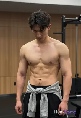 Photograph of exactly 1 adult man. Man 1: Asian, light tan, oval with defined jawline, short dark ha