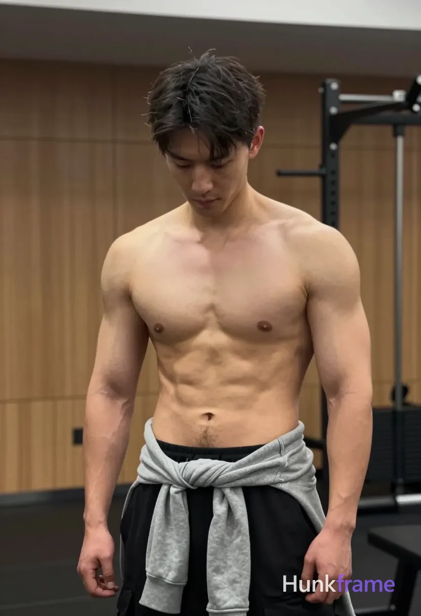 Photograph of exactly 1 adult man. Man 1: Asian, light tan, oval with defined jawline, short dark hair, slightly tousled texture, clean-shaven, small mole on left pectoral area. Man 1 has fully exposed eyes, eyebrows, temples and nose bridge. Broad shoulders, defined abs on light tan Asian man standing upright. Head tilted downward in contemplative pose with right arm relaxed at side. Shirtless chest bare, black cargo pants, gray hooded sweatshirt draped over waist. Vertical portrait framing subject from head to mid-thighs in center-left foreground. Indoor gym environment featuring wooden paneling, weight rack visible background. Soft overhead ambient light casting subtle shadows across sculpted torso and arms. Fine-art photography aesthetic with clean composition, natural lighting, minimalist mood