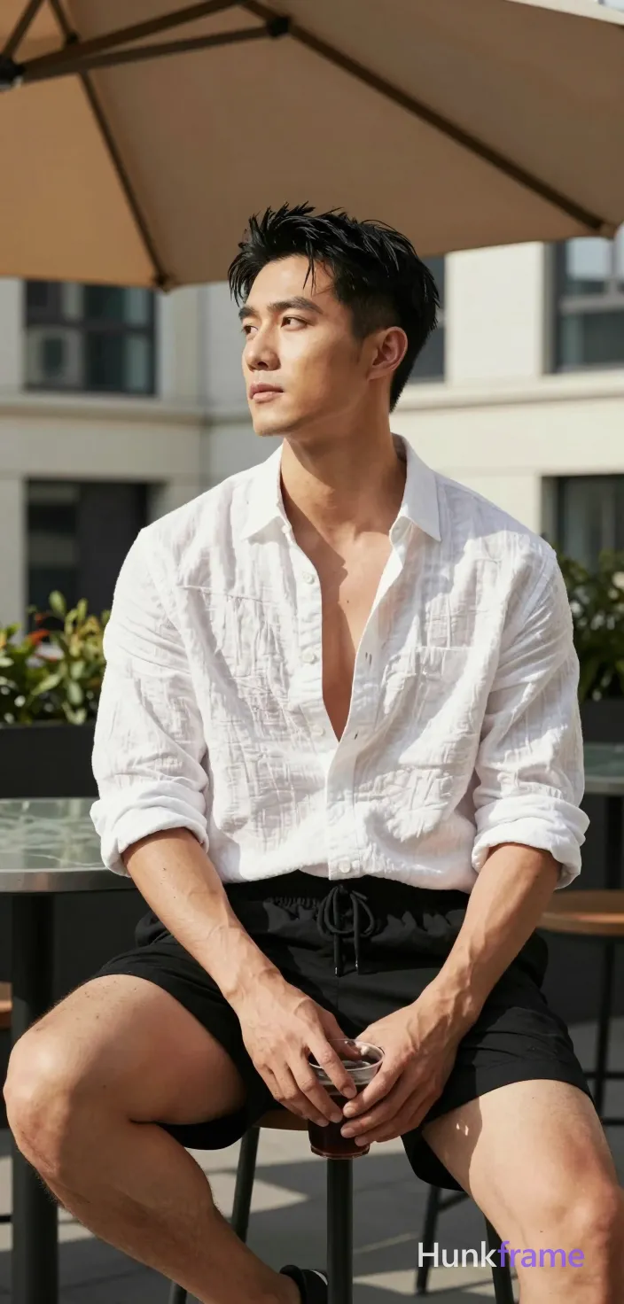 Asian man with light-medium skin, black short hair styled with volume on top and sides swept back, clean-shaven face. Seated on a high stool outdoors under a beige fabric awning, torso angled left while head turns right to gaze upward. Weight shifted onto left leg with right knee bent; white textured linen button-up unbuttoned at collar revealing upper chest and defined abs, sleeves rolled up, black drawstring shorts ending above knee exposing thick thighs. Right hand holds dark drink between knees, left arm rests on glass table edge. High-contrast sunlight from upper left sculpts broad shoulders and pectorals against a softly blurred modern building facade with rectangular windows. Vertical phone-camera aesthetic, head-to-thighs crop excluding feet, center-left composition emphasizing relaxed confidence in sun-drenched leisure., a single uninterrupted photograph only, no written words or typography anywhere in frame, no captions, no app UI, no social-media post layout, no screenshot borders