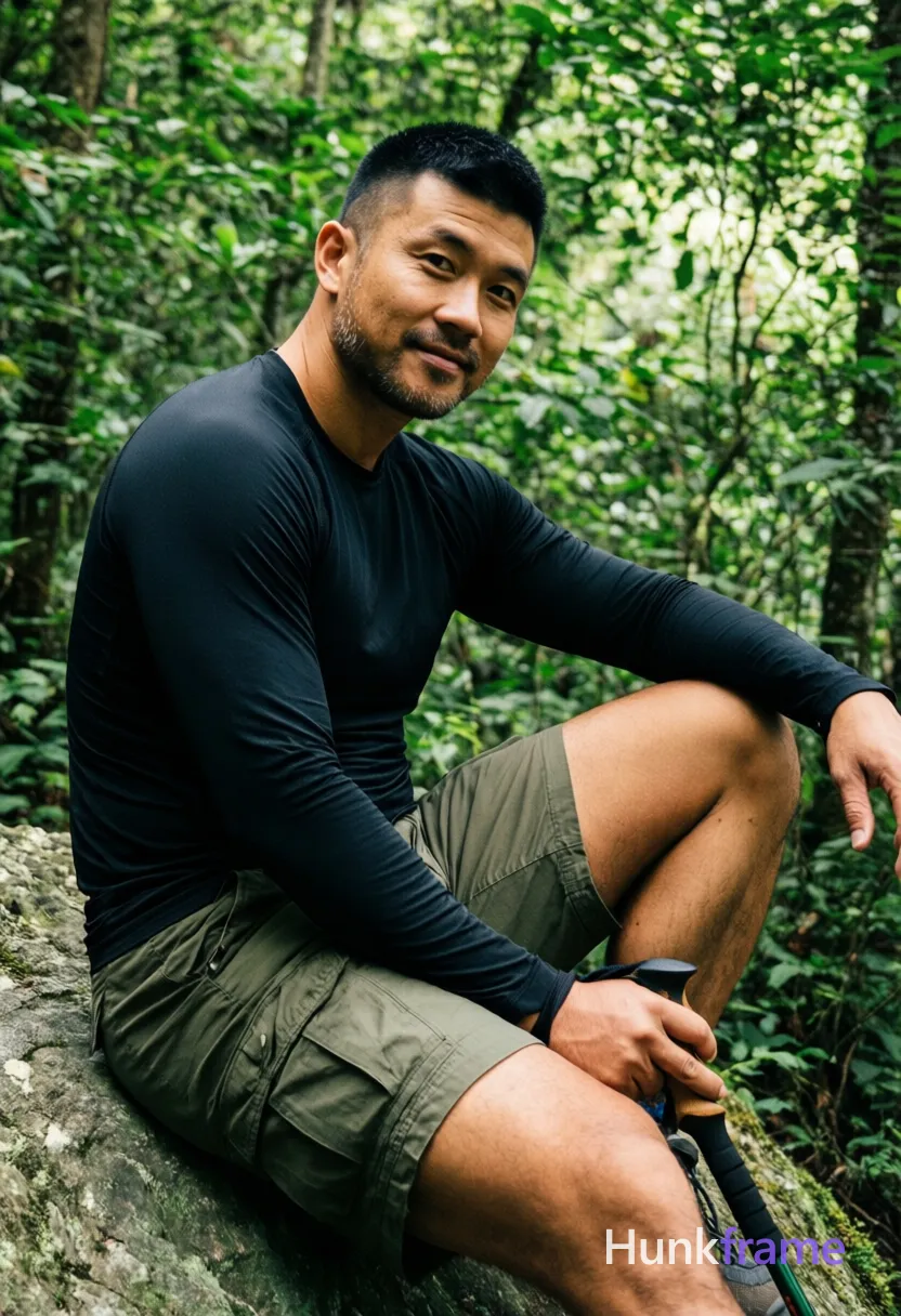 Asian man medium-tan skin short black buzz cut styled top light stubble seated on rock in forest torso angled left head turned to camera right knee up bent left leg extended downward out of frame wearing black long-sleeve athletic shirt fully covering torso olive-green cargo shorts broad shoulders thick thighs holding trekking pole handle near thigh dense green foliage background natural dappled lighting mobile phone camera aesthetic slightly grainy texture confident masculine posture tasteful suggestive framing 13:19 aspect ratio, a single uninterrupted photograph only, no written words or typography anywhere in frame, no captions, no app UI, no social-media post layout, no screenshot borders