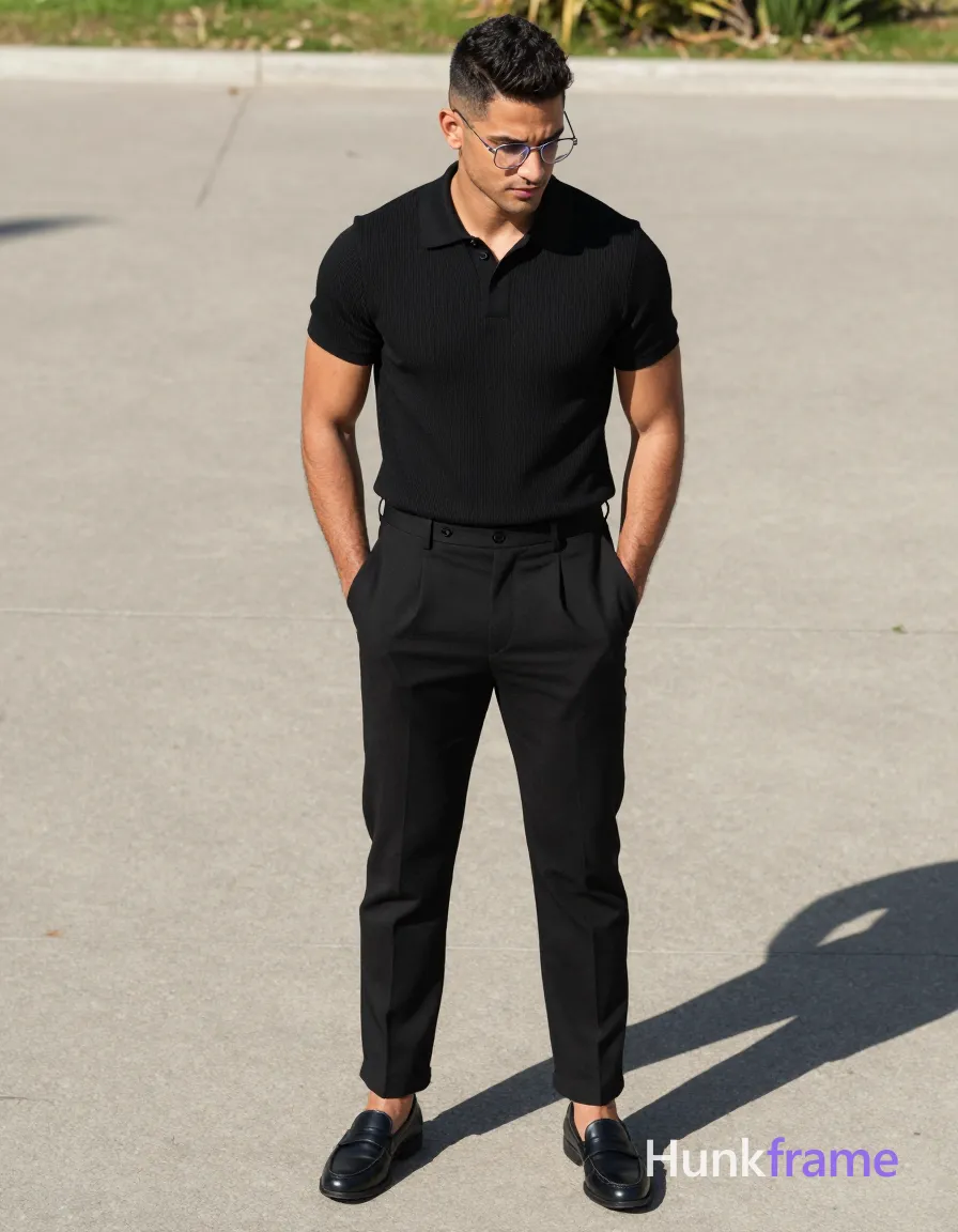 A handsome adult man with medium-dark skin and short dark hair featuring a textured top, faded sides, and a visible left part stands upright on an outdoor concrete surface; He wears thin metal frame rectangular glasses worn visibly on his face, clear lenses reflecting the bright sunlight; His black ribbed polo shirt has short sleeves ending mid-bicep with a collar buttoned to the neck, paired with high-waisted black trousers showing pleated fronts and belt loops, revealing thick thighs visible in trousers; He wears black leather loafers without socks; Hands are inserted into front trouser pockets while his head tilts downward looking at the ground with a downcast gaze and neutral mouth; High-contrast lighting from above-left casts sharp directional shadows to the right of subject on concrete gray background with green vegetation; Full-body shot center-right composition, fashion editorial aesthetic emphasizing sculpted physique; The adult man visibly wears thin metal frame glasses worn on face, rectangular shape with minimal rim thickness, clear lenses on his face; preserve the; single clean uninterrupted photograph with a cohesive editorial composition and plain continuous surrounding surfaces