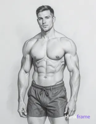 A pencil sketch of a shirtless man with short hair, head slightly tilted to the 
