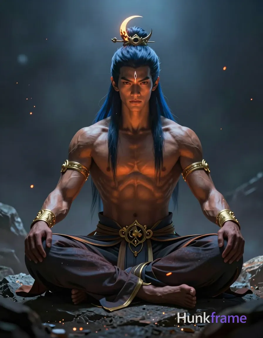 an anonymous figure or an anonymous figure man with dark brown to black skin, long flowing blue-black hair parted in the middle reaching past shoulders and high topknot crown adorned with crescent moon and flame-like ornamentation; Clean-shaven face with vertical white tilak mark on forehead and small dot below lower lip, stoic intense gaze directed forward; Seated cross-legged in meditative posture on rocky surface, torso upright facing camera; Shirtless adult male chest bare, extremely muscular build with defined abs and pectorals; Ornate golden arm bracers covering forearms to elbows, hands exposed; long dark dhoti-like cloth wrapped around waist and legs partially draped over lap exposing thighs; Full body portrait from head to knees centered in frame; Dark misty atmospheric environment with floating embers and glowing particles under dramatic directional backlight creating halo effect; Glowing orange light emanating from navel area illuminating lower torso, cool blue ambient tones contrasting warm highlights; Highly detailed digital illustration with painterly textures, cinematic composition with volumetric lighting effects, fantasy mythological aesthetic blending; single clean uninterrupted artwork with a cohesive composition and plain continuous surrounding surfaces