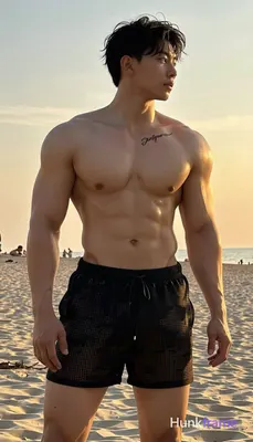 torso angled slightly right while head turns 45 degrees; He is shirtless revealing broad shoulders, 