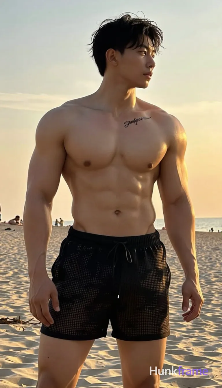 torso angled slightly right while head turns 45 degrees; He is shirtless revealing broad shoulders, defined pectorals, six-pack abs, visible obliques, smooth abdomen, minimal chest hair, and a cursive tattoo reading 'Janghyun' above the left hipbone; Wearing black mesh swim trunks with drawstring waistband on tanned skin against warm beige sand beach at sunset; Golden hour backlight from low sun behind subject creates high contrast lighting with soft frontal fill; Vertical portrait 13:19 aspect ratio, full-body shot from thighs up to head centered composition, shot on iPhone 15 Pro main camera, authentic smartphone computational photography, natural Smart HDR and true-to-life skin texture, vertical 9:16 Xiaohongshu lifestyle feed, bright clean everyday scene, unretouched phone photo with subtle sensor grain, trendy Chinese internet 网红 aesthetic, candid influencer energy; single clean uninterrupted photograph with a cohesive editorial composition and plain continuous surrounding surfaces