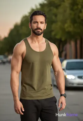 A handsome man stands on a city street during sunset with soft, warm light casti