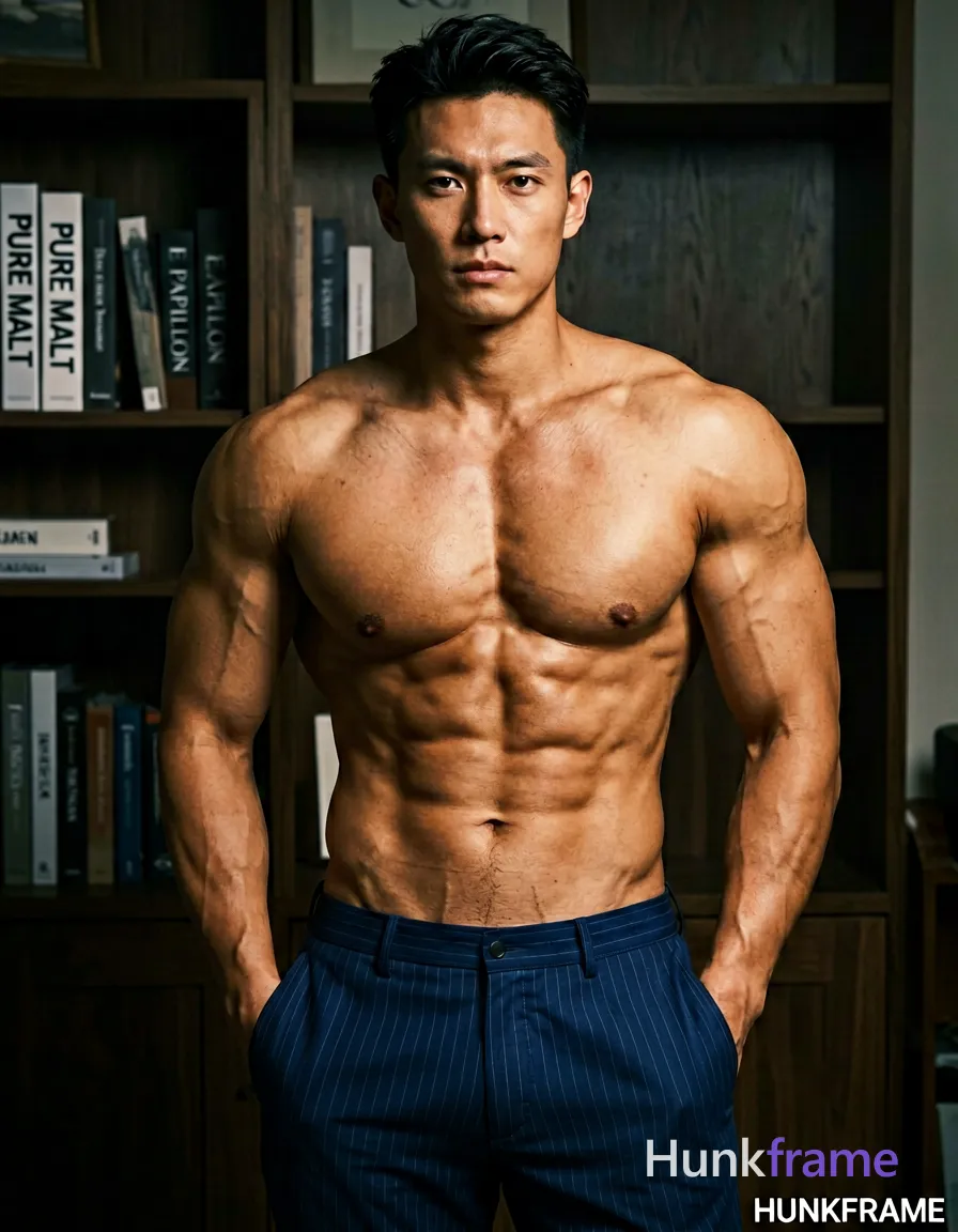 Asian man with short black hair styled back, clean-shaven face, neutral direct gaze standing center-left. Shirtless bare torso revealing highly muscular chest and abs, defined pectorals, six-pack abs, visible vascularity on arms against dark blue pinstriped trousers. Hands deep in trouser pockets creating a teasing relaxed pose. Indoor studio setting with dark bookshelf background featuring spines 'PURE MALT' and 'E PAPILLON'. Dramatic directional lighting from front-right casts high-contrast highlights on tanned skin and sculpted muscles, warm tans mixed with deep blues. Fine-art photography aesthetic, waist-up portrait crop to mid-thigh, premium masculine editorial mood. Include exactly one visible wordmark, spelled exactly "HUNKFRAME", in the same compositional text position; preserve its appropriate typography and scale. No other visible text, logo, caption, username, hashtag, comment, watermark, or UI chrome., wearing underwear or swim trunks, covered genitals, no frontal nudity, a single uninterrupted photograph only, no written words or typography anywhere in frame, no captions, no app UI, no social-media post layout, no screenshot borders