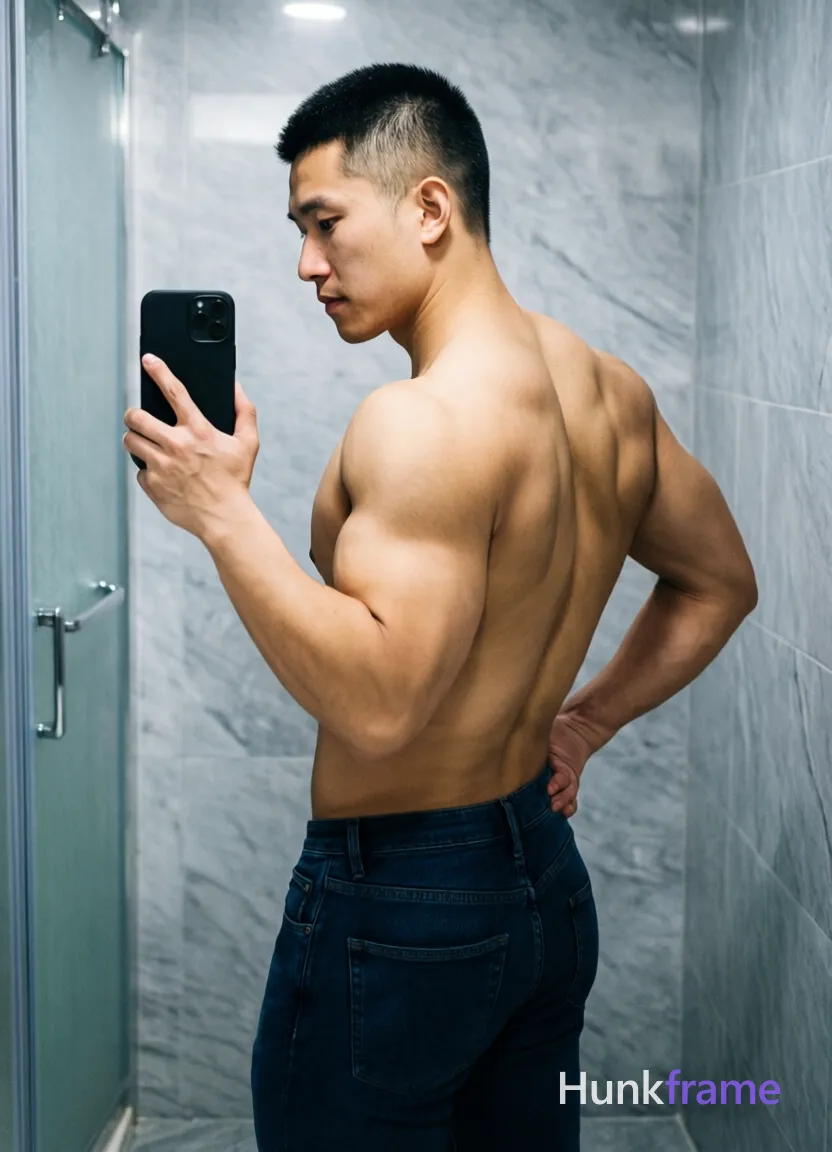 Asian man with short black buzz cut and clean-shaven face, standing sideways facing left in a candid high-resolution mirror selfie; He holds a black smartphone with both hands at chest level to capture the reflection while his right elbow flexes sharply showing bicep definition; left hand rests on hip; Shirtless adult male displays broad shoulders, defined lats, visible trapezius muscles, sculpted latissimus dorsi, and clear abdominal definition against light-medium skin tone with a trendy influencer vibe; Wearing dark blue slim-fit jeans only; Setting is a bathroom interior with light gray marble-effect tiled walls and frosted glass shower door on the left edge of frame; Soft overhead artificial lighting creates subtle shadows along spine and shoulder blades; Cool grays from tiles contrast deep navy denim and natural skin tones in this Xiaohongshu lifestyle vertical portrait composition; single clean uninterrupted photograph with a cohesive editorial composition and plain continuous surrounding surfaces