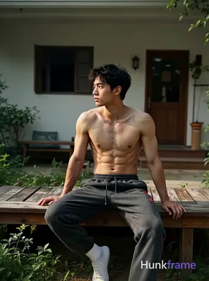 A handsome masculine man sitting on a wooden bench with one hand resting on a railing, leaning sligh