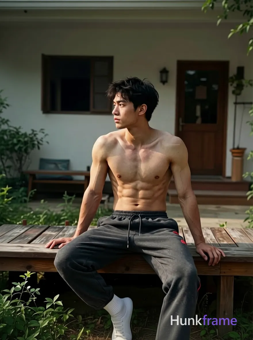 A handsome masculine man sitting on a wooden bench with one hand resting on a railing, leaning slightly forward; he wears dark gray sweatpants with a red design on the left leg and white socks above the hemline, his bare torso revealing muscular abs and broad shoulders in an outdoor setting during daylight hours; the scene is captured through broken glass, emphasizing the contemplative mood with soft natural lighting and painterly texture; the background features blurred elements and a sign reading '4 an anonymous figure', adding to the mysterious and nostalgic atmosphere