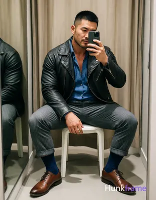 Asian man with short black buzz cut and light stubble sits on a white stool in a