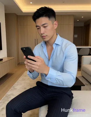 Photograph of exactly 1 adult man. Man 1: Asian, light-medium, oval with defined jawline, short blac