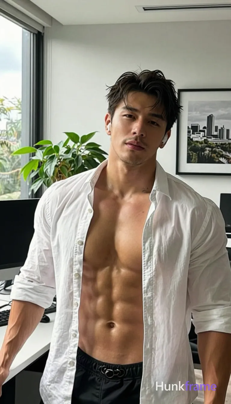 Asian man with medium tan skin and short dark tousled hair, light chin stubble, shirtless white button-down open to navel exposing six-pack abs; torso angled right while facing camera, left arm on desk surface; Indoor home office setting with large window on left, potted plant and framed cityscape print visible behind him; Natural daylight from side creates soft shadows across face and bare chest; Vertical portrait composition capturing mid-thighs up to head in fine-art photography aesthetic, shot on iPhone 15 Pro main camera, authentic smartphone computational photography, natural Smart HDR and true-to-life skin texture, vertical 9:16 Xiaohongshu lifestyle feed, bright clean everyday scene, unretouched phone photo with subtle sensor grain, trendy Chinese internet 网红 aesthetic, candid influencer energy; single clean uninterrupted photograph with a cohesive editorial composition and plain continuous surrounding surfaces