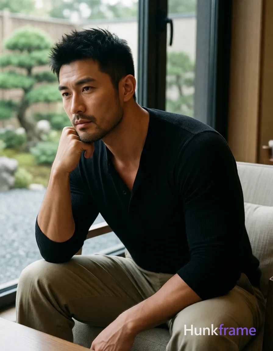 Photograph of exactly 1 adult man. Man 1: East Asian, medium tan with warm undertones, square jawline, defined cheekbones, straight nose bridge, short spiky black hair, textured top, tapered sides and back, clean-shaven chin and jawline, faint stubble on upper lip only. Man 1 has fully exposed eyes, eyebrows, temples and nose bridge. Broad shoulders, defined biceps contrast with thick thighs in loose beige trousers. Seated sideways on upholstered chair with right elbow propped on table supporting chin. Black long-sleeve Henley shirt reveals upper chest above open placket neckline. Vertical portrait crop from mid-thigh up to head angled slightly downward center-left. Indoor lounge near large glass window overlooking gravel garden, manicured bonsai trees. Soft natural daylight highlights face and arms against warm ambient interior shadows. Fine-art photography aesthetic with dramatic soft lighting emphasizing sculpted masculine form