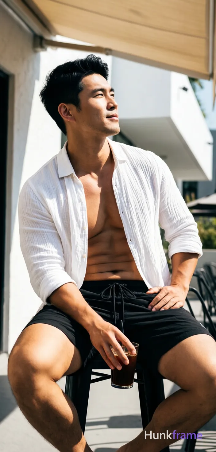 Asian man with light-medium skin and black short hair styled with volume, clean-shaven face looking upward right. Seated on high stool torso angled left holding dark drink between knees in white textured linen shirt unbuttoned at top revealing upper chest clavicles pectorals abdomen defined abs sleeves rolled wearing black drawstring shorts ending above knee weight shifted onto left leg broad shoulders thick thighs. Outdoor patio under beige awning casting soft shadows on white stucco wall modern building facade background right bright natural sunlight from upper left creating strong highlights shallow depth of field keeping subject sharply focused softly blurring architectural elements behind vertical phone-camera aesthetic head-to-thighs framing excluding feet entirely center-left composition occupies majority frame relaxed confidence sun-drenched leisure premium lifestyle editorial tone high-contrast outdoor lighting emphasizing muscle definition clean lines minimal background distractions typical of fashion photography, a single uninterrupted photograph only, no written words or typography anywhere in frame, no captions, no app UI, no social-media post layout, no screenshot borders