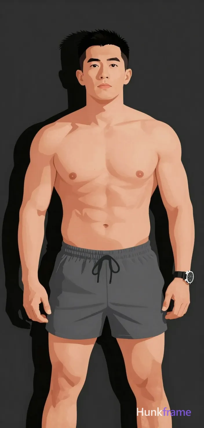 An adult masculine man with a muscular build and thick thighs stands facing forward in an indoor room He wears unobstructed face with both eyes, irises, eyebrows, temples, and nose bridge clearly visible; left arm relaxed at side showing a wristwatch on grey athletic shorts reaching mid-thigh while standing shirtless under direct flash lighting that casts sharp shadows behind him; The vertical 13:19 composition captures the full body from waist up with head cropped, rendered as bold flat-color poster art with high-contrast color blocking and clean vector lines against dark walls; single clean uninterrupted photograph with a cohesive editorial composition and plain continuous surrounding surfaces
