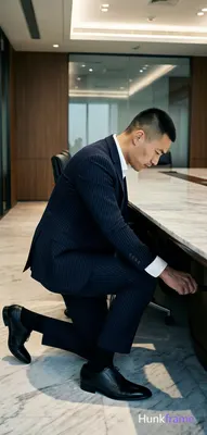 Asian man kneeling beside a large conference table, leaning forward to reach und