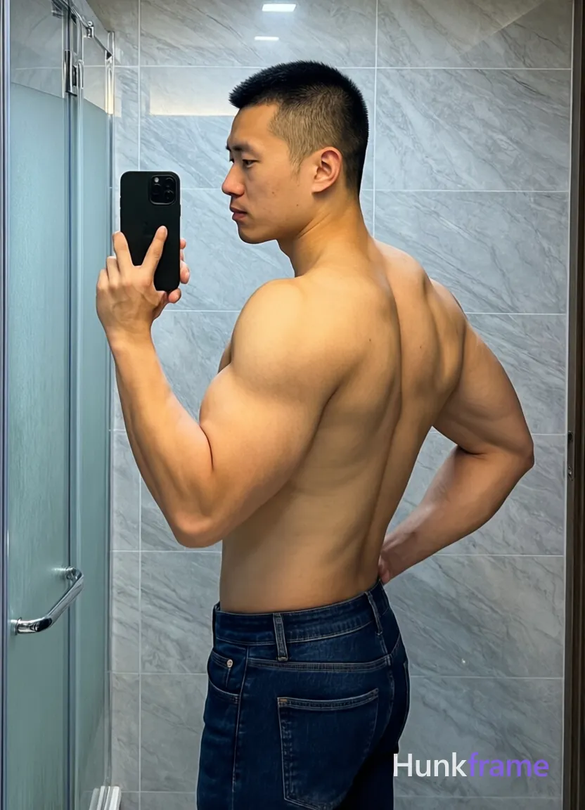 Asian man with short black buzz cut and clean-shaven face, standing sideways facing left in a candid high-resolution mirror selfie; He holds a black smartphone with both hands at chest level to capture the reflection while his right elbow flexes sharply showing bicep definition; left hand rests on hip; Shirtless adult male displays broad shoulders, defined lats, visible trapezius muscles, sculpted latissimus dorsi, and clear abdominal definition against light-medium skin tone with a trendy influencer vibe; Wearing dark blue slim-fit jeans only; Setting is a bathroom interior with light gray marble-effect tiled walls and frosted glass shower door on the left edge of frame; Soft overhead artificial lighting creates subtle shadows along spine and shoulder blades; Cool grays from tiles contrast deep navy denim and natural skin tones in this Xiaohongshu lifestyle vertical portrait composition, shot on iPhone 15 Pro main camera, authentic smartphone computational photography, natural Smart HDR and true-to-life skin texture, vertical 9:16 Xiaohongshu lifestyle feed, bright clean everyday scene, unretouched phone photo with; single clean uninterrupted photograph with a cohesive editorial composition and plain continuous surrounding surfaces