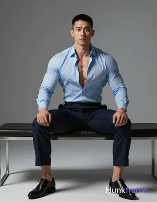 Asian man with short black buzz cut and clean-shaven face, seated upright on a modern black bench in