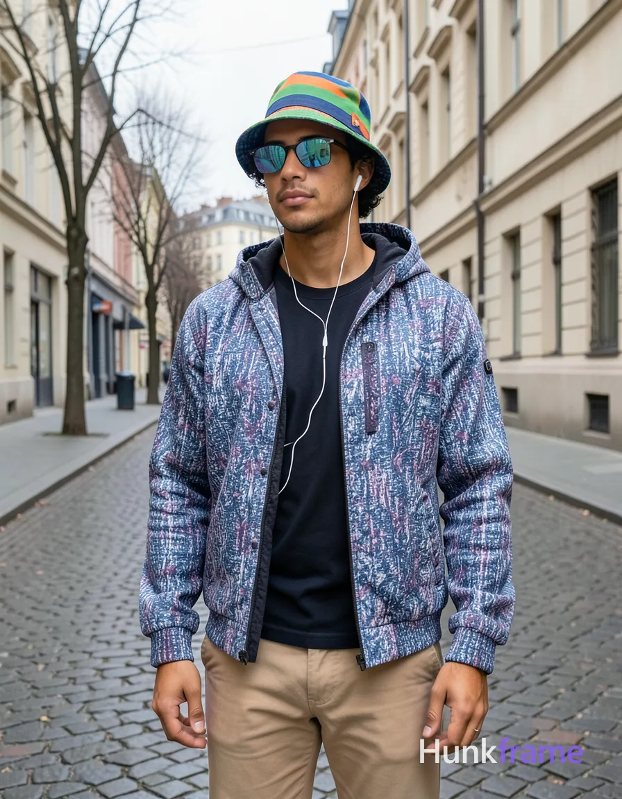 freshly generated candid Xiaohongshu lifestyle photo, brand new full-body composition with a different pose, camera angle and background, both hands relaxed, not a mirror selfie, not a copy of any reference image, patterned blue/purple/white textured hooded jacket worn open over dark inner layer, tan or beige trousers (only upper portion visible), colorful striped bucket hat with green/blue/orange stripes, reflective sunglasses, thin white wired earphones, broad shoulders, urban street lifestyle mood, reference lighting and color treatment: street photography aesthetic with natural overcast daylight, urban European setting featuring cobblestone pavement and bare trees, color palette dominated by blue/purple patterned jacket against neutral architecture, same aesthetic theme and photo feel as the reference but a different man in a different pose with distinct body proportions, Brazilian Latino man, warm olive skin, curly dark hair, compact athletic torso, a single uninterrupted photograph only, no written words or typography anywhere in frame, no captions, no app UI, no social-media post layout, no screenshot borders