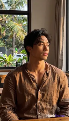 Asian man with tanned skin, dark tousled hair parted left, light stubble on jaw 