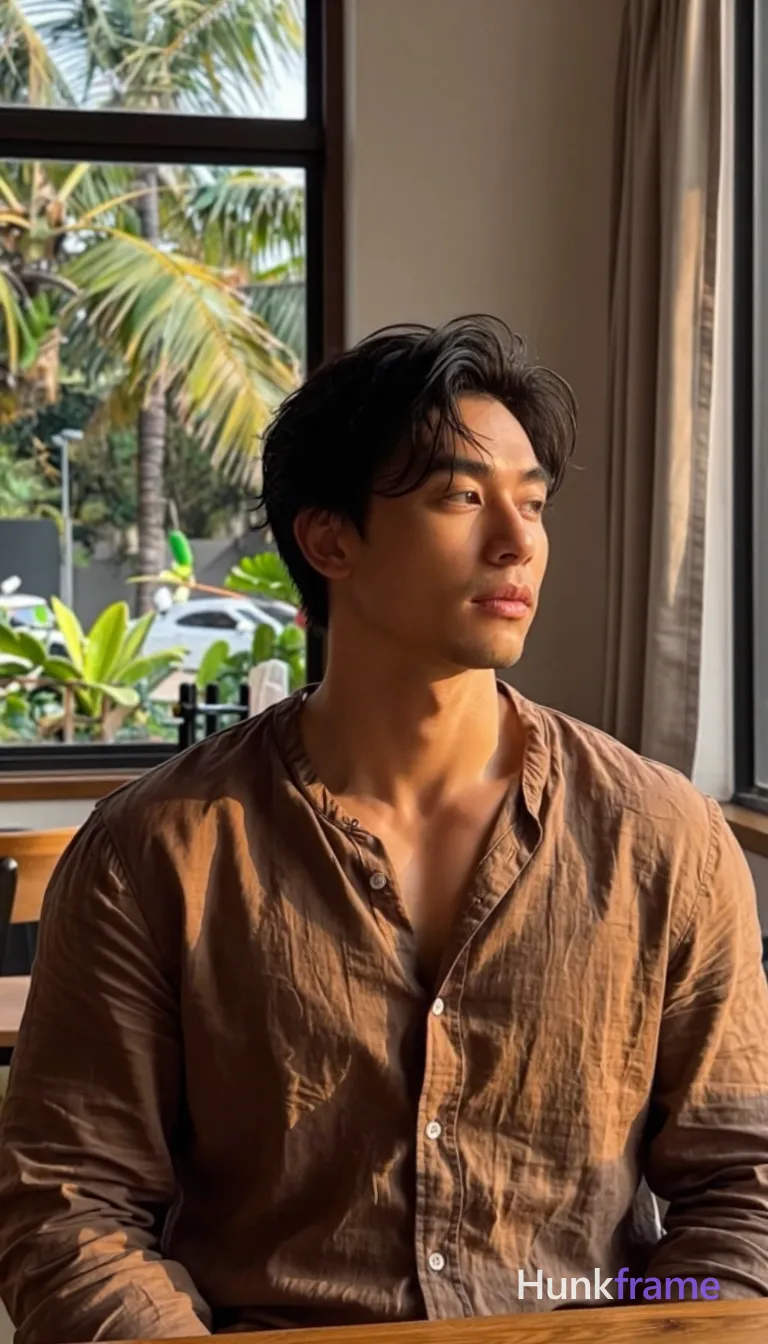 Asian man with tanned skin, dark tousled hair parted left, light stubble on jaw and lip; He wears a brown linen button-up shirt fully clothed, broad shoulders defined by golden-hour sunlight from the right window frame; Background features blurred tropical foliage outside glass and neutral beige curtains; Cinematic shallow depth of field, warm earthy palette, intimate mood, shot on iPhone 15 Pro main camera, authentic smartphone computational photography, natural Smart HDR, vertical 9:16 Xiaohongshu lifestyle post, bright clean gym or cafe scene, wardrobe matching reference outfit, confident everyday blogger pose, phone photo with natural grain; single clean uninterrupted photograph with a cohesive editorial composition and plain continuous surrounding surfaces