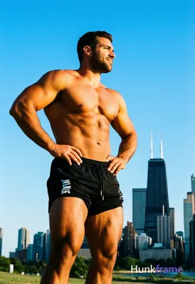 A muscular male standing with his hands on his hips, torso slightly angled to on