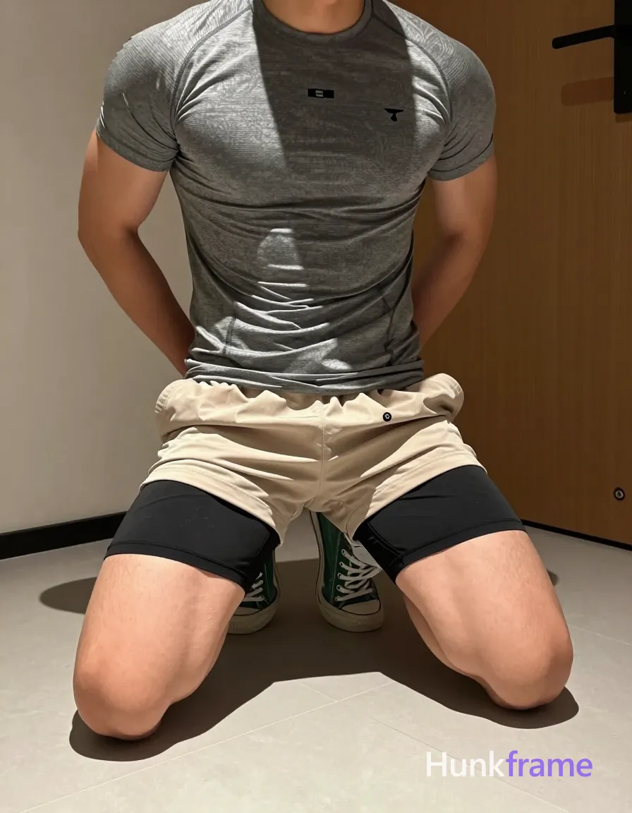 Adult muscular man kneeling on light-colored tiled floor, torso leaning forward slightly with hands behind hips partially out of frame. Wearing grey short-sleeve athletic t-shirt with subtle textured pattern and small logo, beige shorts over black compression briefs visible at thigh edges, white crew socks pulled to mid-calf, metallic green high-top sneakers with white laces. Indoor room setting with wooden door panel to right, soft directional lighting from left casting shadows on legs. Vertical portrait crop focusing on lower torso and legs, head partially cut off at top. High-resolution skin texture, naturalistic cool undertones, confident masculine mood., a single uninterrupted photograph only, no written words or typography anywhere in frame, no captions, no app UI, no social-media post layout, no screenshot borders
