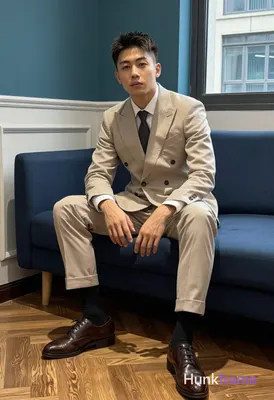 Asian man with short dark brown textured hair and clean-shaven face He wears a beige double-breasted