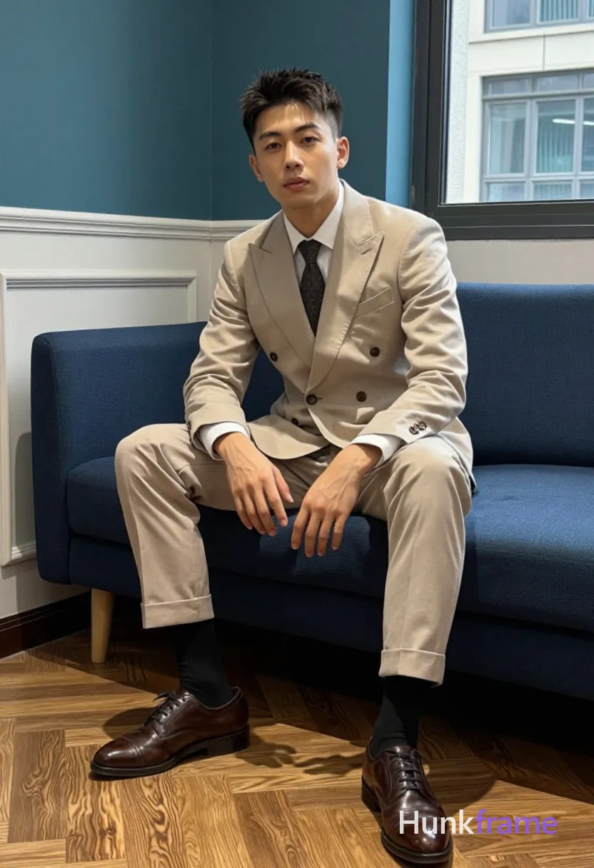 Asian man with short dark brown textured hair and clean-shaven face He wears a beige double-breasted suit jacket with brown buttons over a white dress shirt and dark patterned tie; Matching beige trousers are cuffed at ankles revealing black crew socks pulled to mid-calf and brown leather cap-toe oxford shoes; Seated on a dark blue sofa, right leg forward slightly elevated while left leg bends behind; Indoor room features parquet wood flooring, teal walls above white wainscoting, and window showing city buildings; Soft directional studio lighting from front-left casts subtle shadows on the suit; Vertical portrait composition capturing head to feet, shot on iPhone 15 Pro main camera, authentic smartphone computational photography, natural Smart HDR, vertical 9:16 Xiaohongshu lifestyle post, bright clean gym or cafe scene, wardrobe matching reference outfit, confident everyday blogger pose, phone photo with natural grain; single clean uninterrupted photograph with a cohesive editorial composition and plain continuous surrounding surfaces