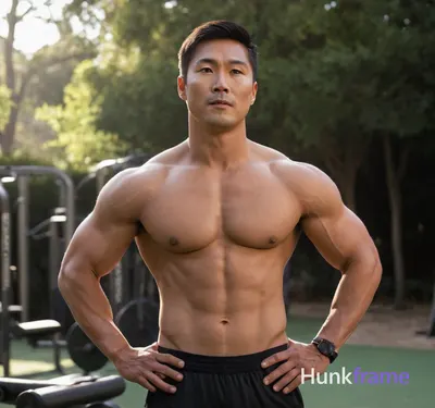A muscular Asian man stands in an outdoor gym area, illuminated by the late afte