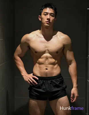 Asian man with light to medium tan skin glistening from water droplets, standing in a dark tiled sho