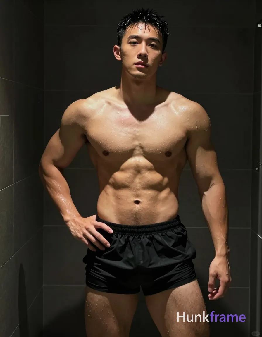Asian man with light to medium tan skin glistening from water droplets, standing in a dark tiled shower; He is shirtless wearing black athletic-style shorts, torso angled slightly right with left hand on hip and right arm extended holding the camera for a selfie angle; Broad shoulders, defined pectorals, six-pack abs, and thick thighs are sculpted by dramatic overhead lighting creating wet highlights against deep shadows; High-contrast fine-art photography capturing broad shoulders, defined pectorals, six-pack abs, thick thighs partially visible under black shorts with minimal chest hair above the left nipple; Neutral contemplative gaze directed off-camera, clean-shaven face with slicked-back short black hair tousled by running water; Vertical portrait composition filling frame from head to mid-thighs; single clean uninterrupted photograph with a cohesive editorial composition and plain continuous surrounding surfaces