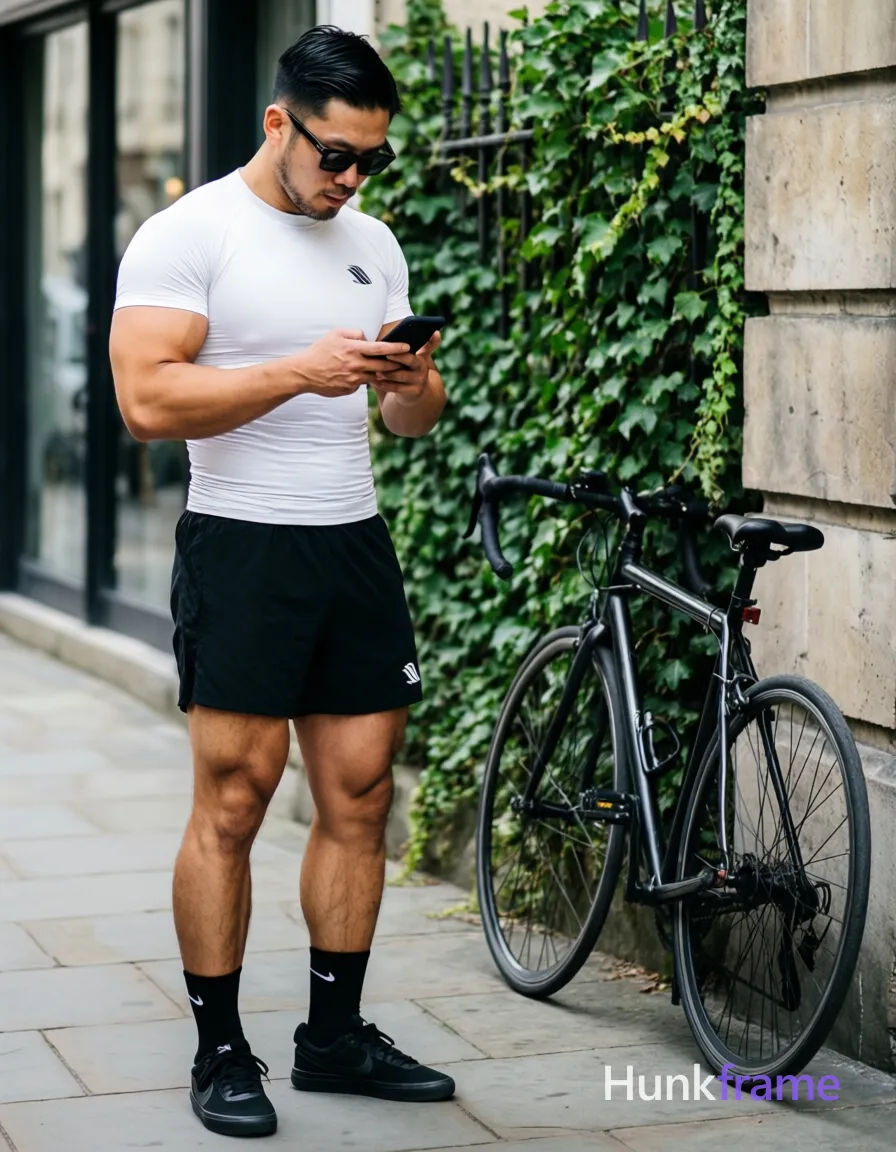 Asian man with light-medium skin, short black side-parted slick-back hair, clean-shaven chin and jawline with slight upper lip stubble; Wearing dark-tinted rectangular sunglasses with thin black rims held on face; Broad shoulders, defined pectorals, visible abdominal definition, thick muscular thighs, well-defined calves in a white tight-fitting an anonymous figure compression t-shirt (logo left chest), black athletic shorts (white logo lower leg), black crew socks (small white Nike swoosh ankle), black low-top sneakers; Standing upright on paved sidewalk holding black smartphone with both hands at chest level, thumbs interacting screen, head tilted down focused gaze; Body angled slightly right toward bicycle leaning against stone building wall on right third; Green ivy-covered fence behind subject; Natural daylight casting soft shadows under arms and bike frame, even illumination across face and torso; Full-body shot from head to mid-calf including full legs and feet, left-center foreground occupying majority of left half; Clean composition with realistic depth of field slightly blurring background stone pavement and glass storefront; Fine-art photography with dramatic; single clean uninterrupted photograph with a cohesive editorial composition and plain continuous surrounding surfaces