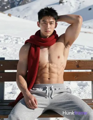 Asian man with short black hair and clean-shaven face seated on a wooden bench in an outdoor snowy m
