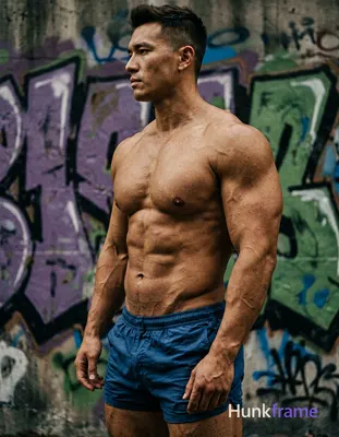 A photoreal portrait of a shirtless muscular man with well-defined chest and arm