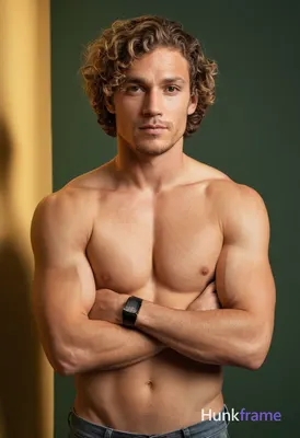 A handsome, muscular man with curly hair stands shirtless against a plain grayis