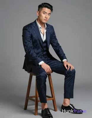 Asian man with short black side-parted slick-back hair and clean-shaven face, confident expression w