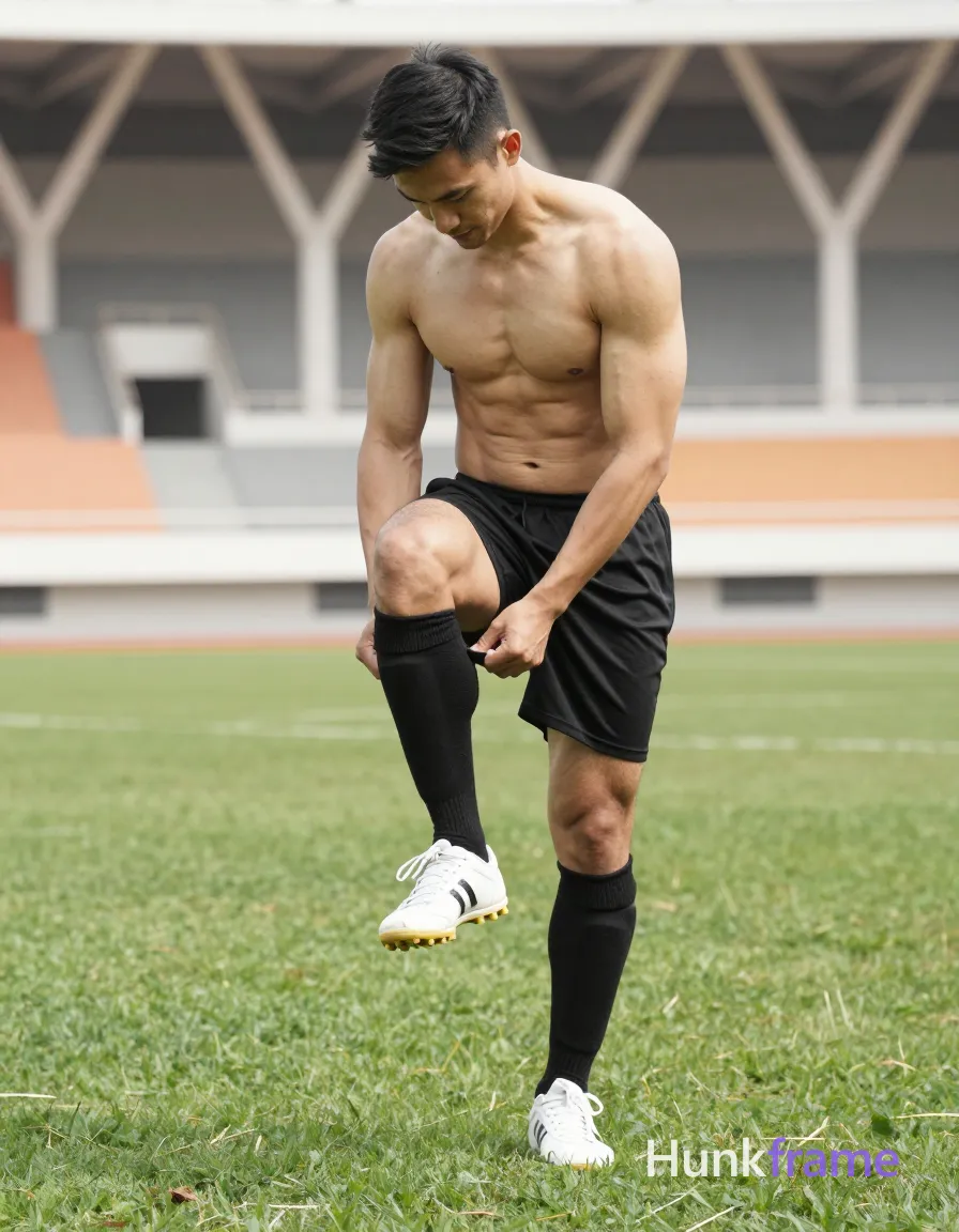 shirtless man standing on a vibrant green sports field adjusting black knee-high socks with one hand while looking down at his white sneakers, compact athletic soccer-player build with defined abs and thick muscular thighs, bright daylight lighting from a modern stadium background featuring geometric architecture, neutral to warm color palette, energetic and athletic mood, 589:1280 aspect ratio vertical portrait orientation, 704x1472 canvas