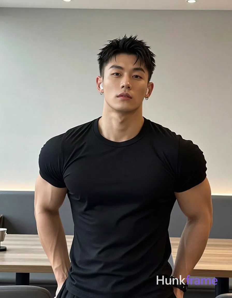Asian man with short dark black textured crop hair, clean-shaven face, wearing a black short-sleeve crew-neck t-shirt standing upright facing forward with hands behind back and slight torso lean left; Overhead artificial lighting casts soft shadows on broad shoulders and defined pectorals; Clean shallow depth of field, neutral direct gaze at camera, shot on iPhone 15 Pro main camera, authentic smartphone computational photography, natural Smart HDR, vertical 9:16 Xiaohongshu lifestyle post, bright clean gym or cafe scene, wardrobe matching reference outfit, confident everyday blogger pose, phone photo with natural grain; single clean uninterrupted photograph with a cohesive editorial composition and plain continuous surrounding surfaces