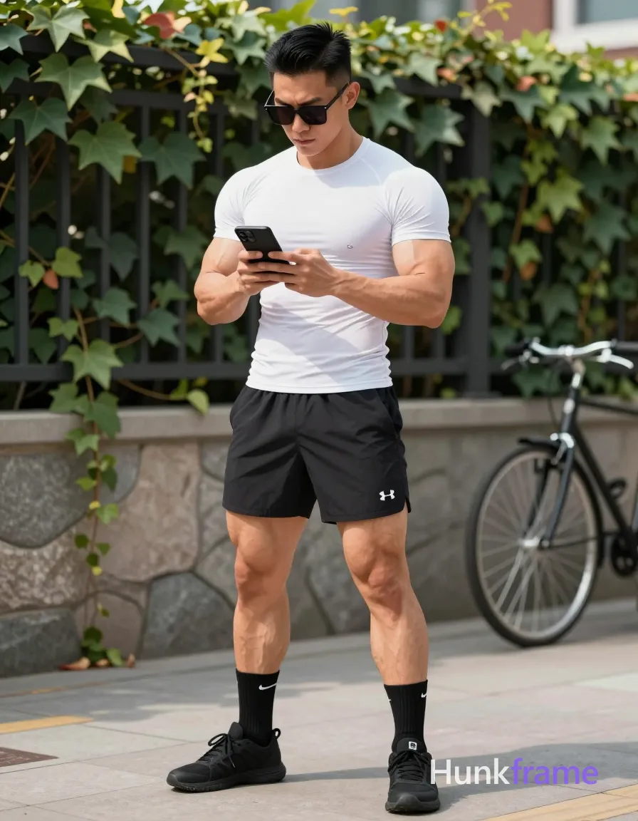 Asian man with short black side-parted slick-back hair and dark-tinted rectangular sunglasses stands on a paved sidewalk, holding a black smartphone with both hands at chest level; He wears a white tight-fitting an anonymous figure compression t-shirt with logo visible on left chest, black athletic shorts with white UA logo lower left leg, black crew socks with small white Nike swoosh outer ankle area, and black low-top sneakers; Full-body shot from head to mid-calf showing broad shoulders, defined pectorals, visible abdominal definition, thick muscular thighs, well-defined calves in polished anime 2.5D next-gen game art style; Body angled slightly right toward a bicycle leaning against stone wall background on the right third; Green ivy-covered fence behind subject under natural daylight casting soft shadows creating expressive face and athletic anatomy; Vertical portrait orientation 13:19 aspect ratio with realistic depth of field blurring background slightly; The adult man visibly wears dark-tinted sunglasses worn on face; rectangular frame shape, thin black rims, opaque lenses obscuring eye details on his face; preserve; single clean uninterrupted artwork with a cohesive composition and plain continuous surrounding surfaces