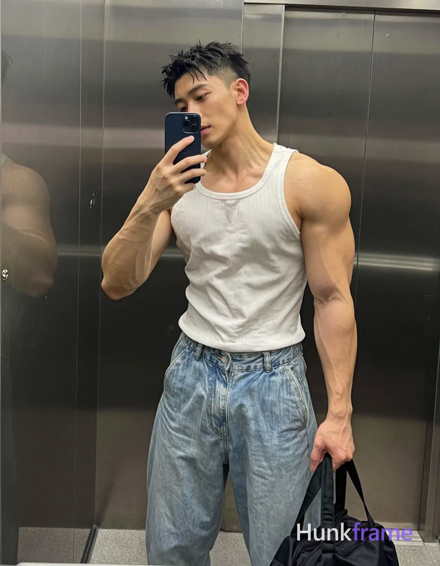 Asian man with short black buzz cut and slight upper lip stubble stands in a brushed stainless steel elevator, taking a vertical mirror selfie; He wears a white ribbed muscle tank exposing broad deltoids and biceps, paired with light-wash denim jeans showing front pockets and belt loops; His right hand holds a dark blue smartphone against his cheek while the left grips black tote bag handles at hip level; The pose is upright facing slightly left; full arms display prominent veins and vascularity under soft ambient lighting, shot on iPhone 15 Pro main camera, authentic smartphone computational photography, natural Smart HDR and true-to-life skin texture, vertical 9:16 Xiaohongshu lifestyle feed, bright clean everyday scene, unretouched phone photo with subtle sensor grain, trendy Chinese internet 网红 aesthetic, candid influencer energy, phone held naturally in one hand for selfie, phone visible in frame; single clean uninterrupted photograph with a cohesive editorial composition and plain continuous surrounding surfaces